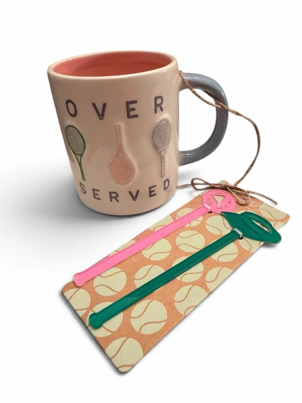 Mud Pie “Over Served” Tennis Mug w/Stirrers (New with defects/can display)